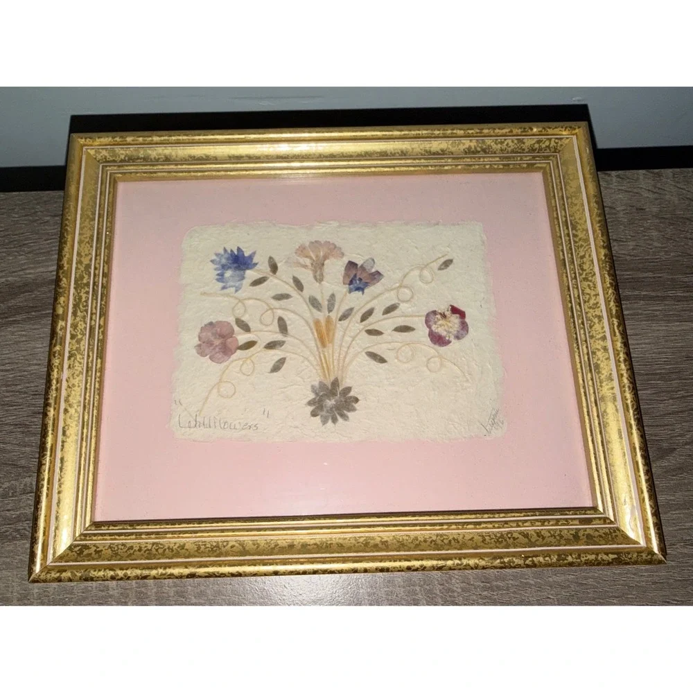 Vintage 1996 Madagascar Pressed Flower Art Wildflowers Gold Frame cottagecore